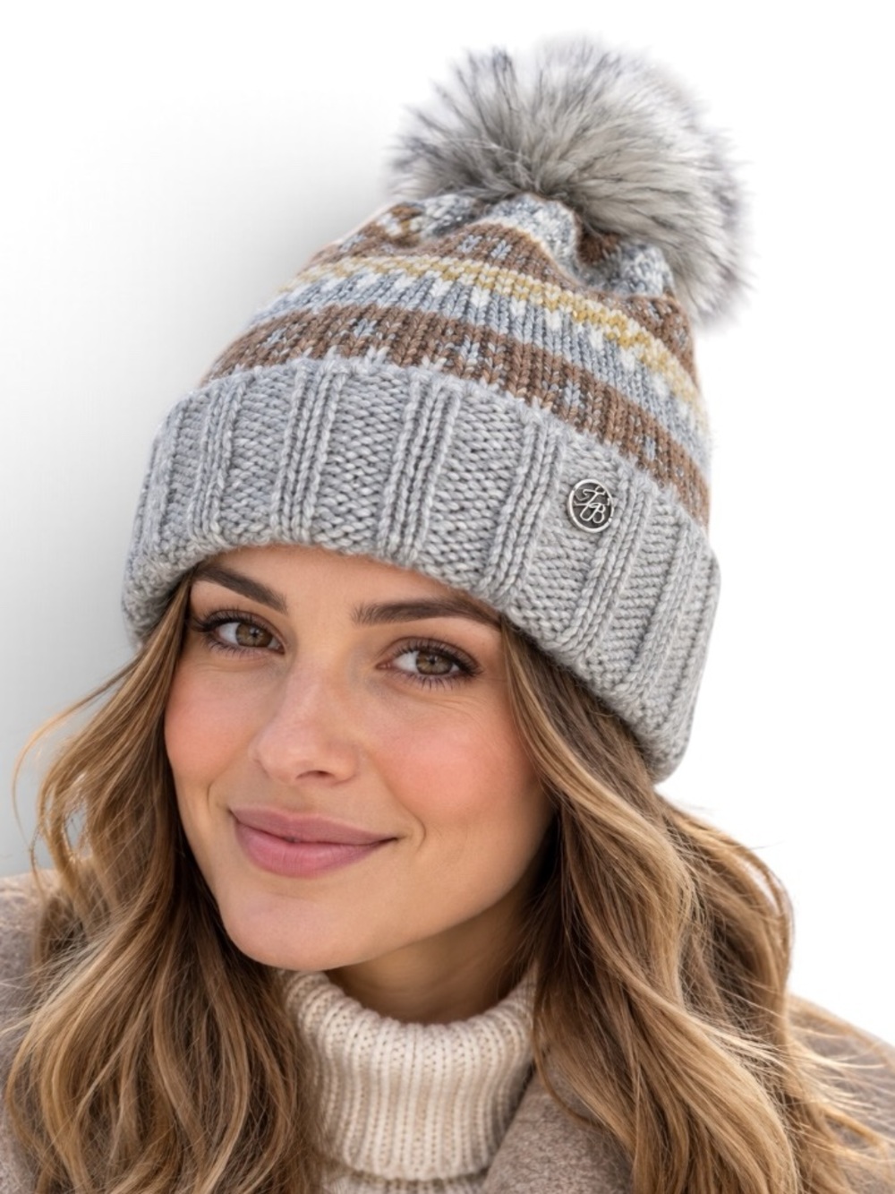 Ted Baker London Fair Isle Silver Metallic Accent Faux Fur Pom Beanie Hat NWOT